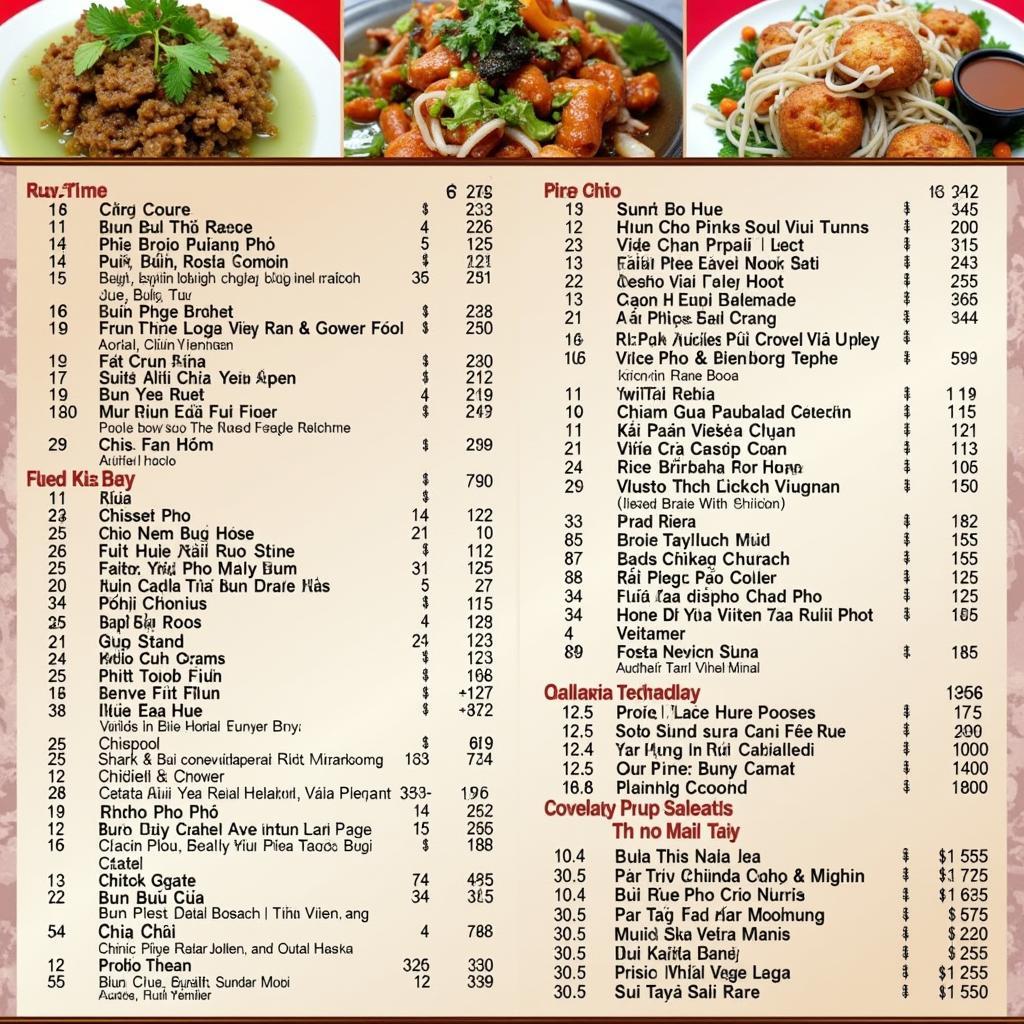 Thực đơn của An Bang Village Restaurant vô cùng đa dạng, từ những món ăn quen thuộc như bún chả, phở, bún bò Huế, đến các món đặc sản vùng miền như nem chua rán, bún riêu cua, gà rang muối,...