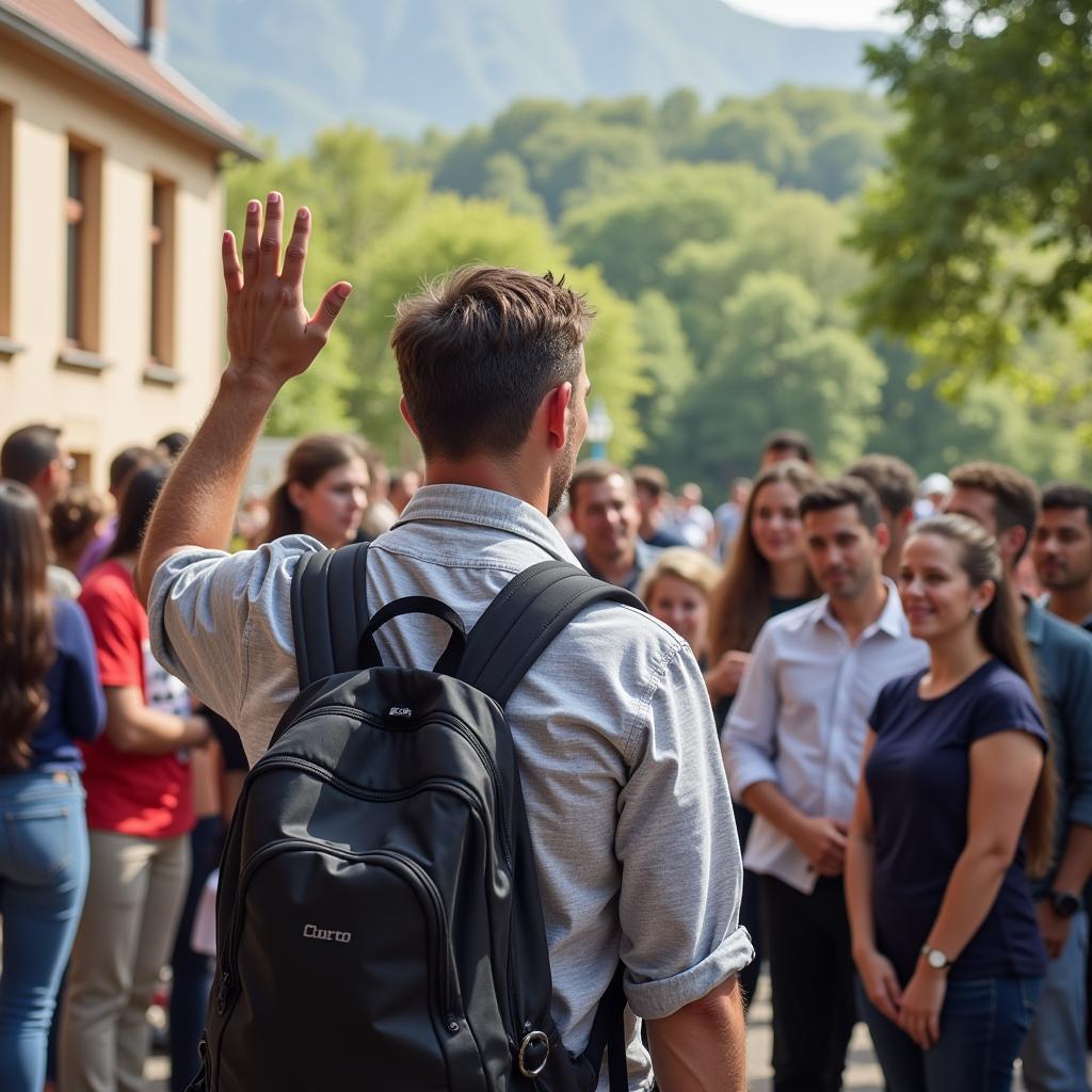 A smiling tour guide welcomes a group of tourists with a warm greeting.