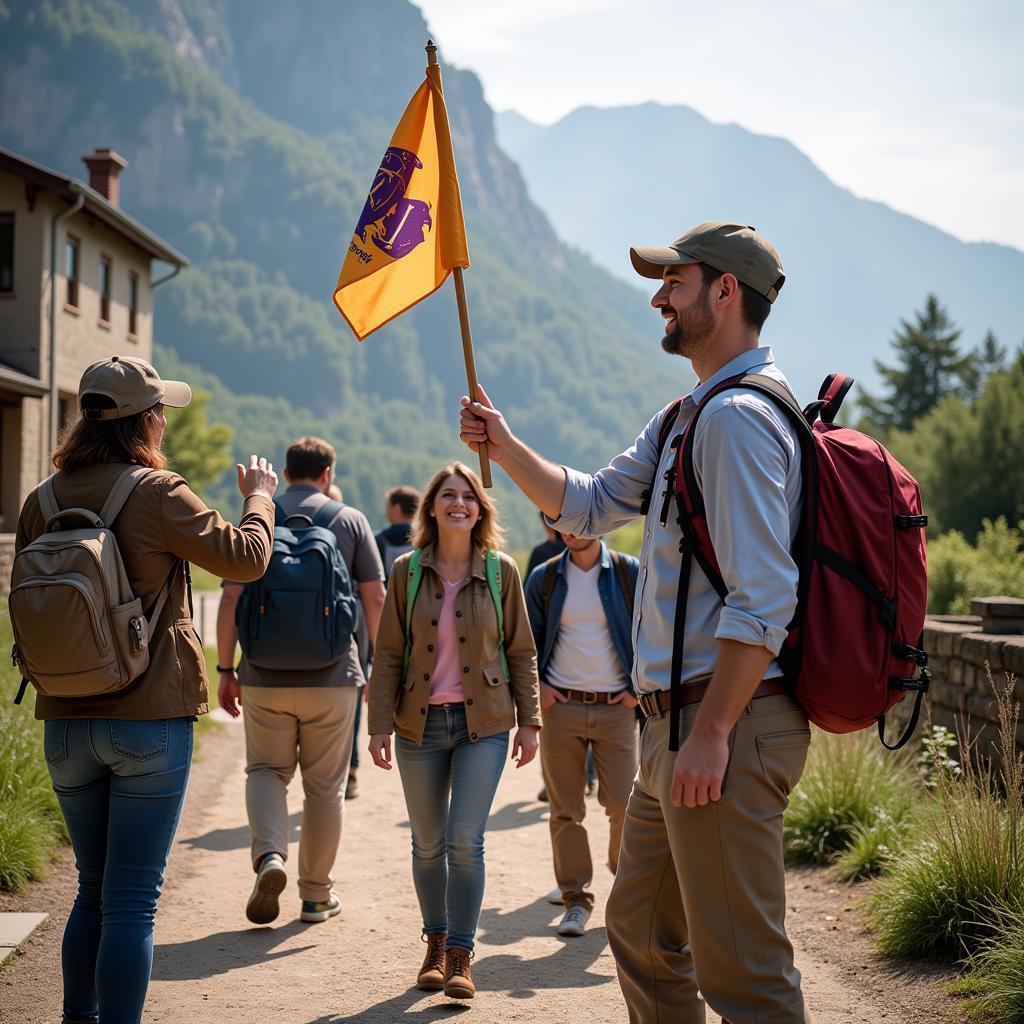 A tour guide is greeting a group of tourists, smiling and waving.