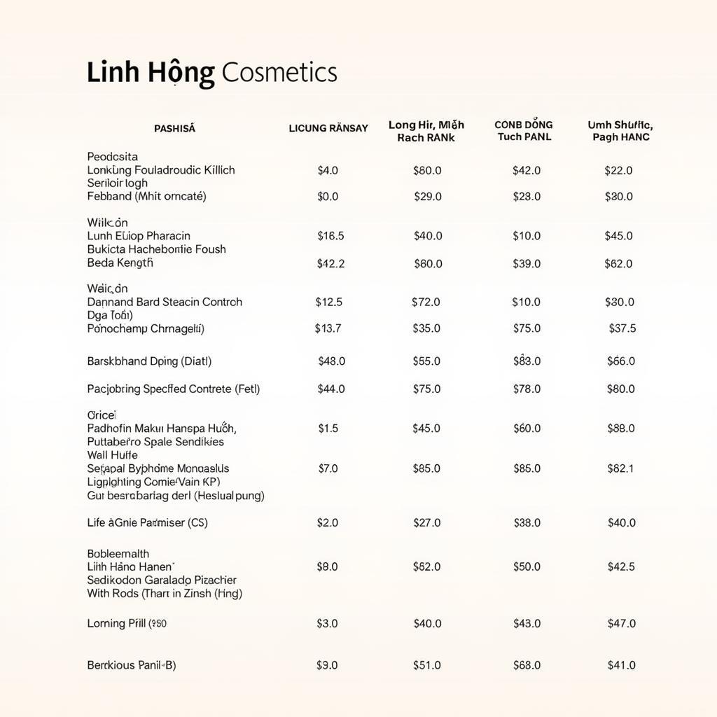 Bảng giá mỹ phẩm Linh Hương chi tiết