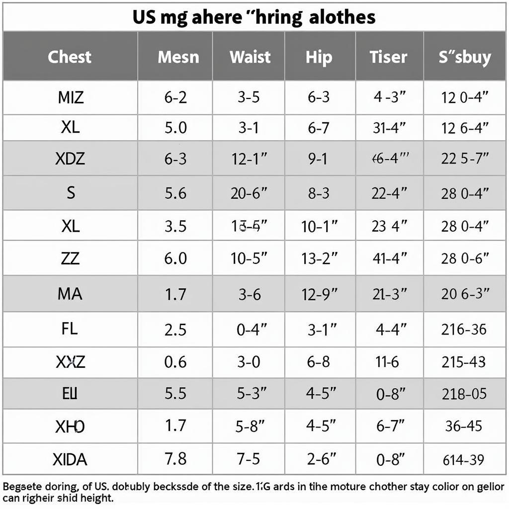 Bảng size áo quần nam 