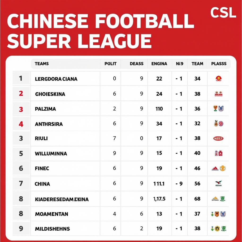 Bảng xếp hạng bóng đá Trung Quốc - Chinese Football Super League