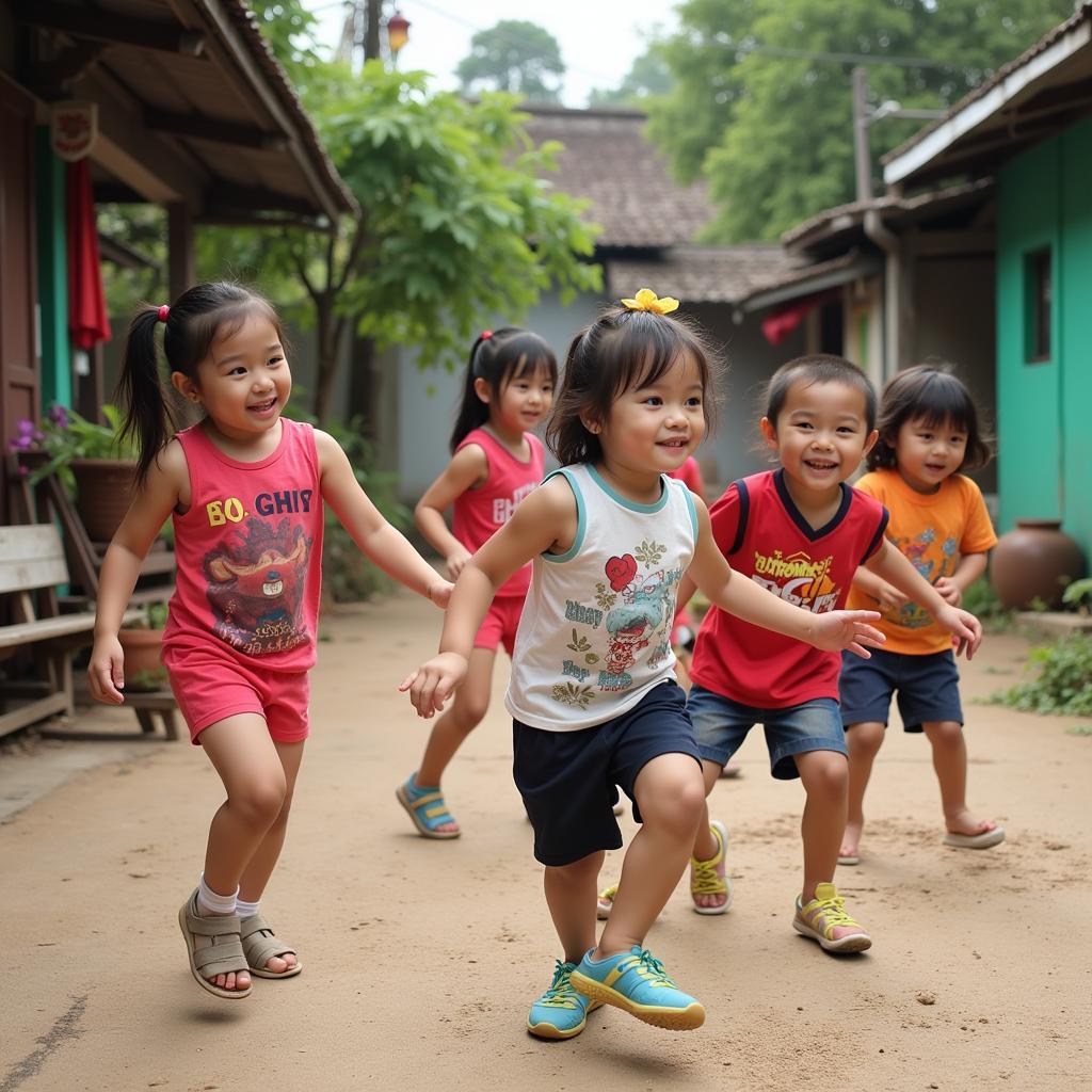 Hình ảnh các em nhỏ chơi trò chơi dân gian, vui vẻ, cười đùa