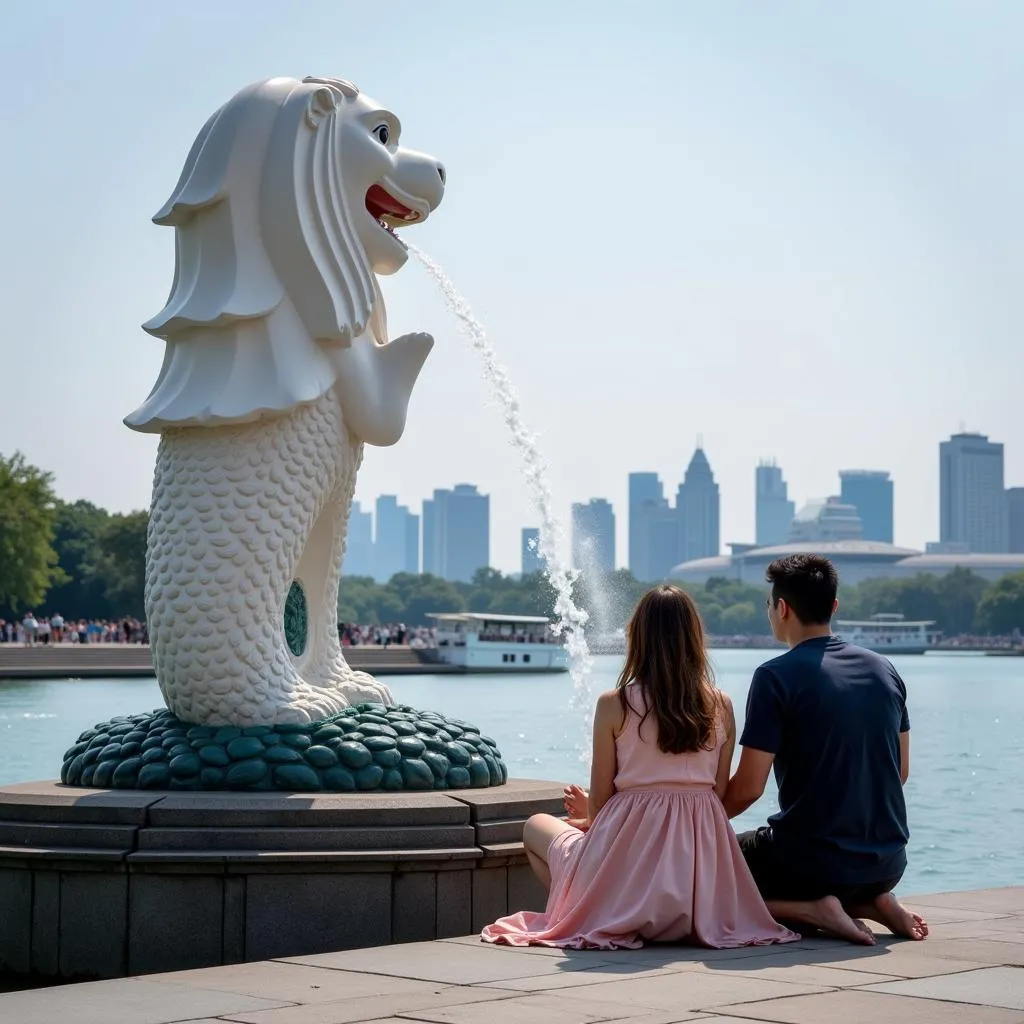 Một cặp đôi đang cầu nguyện tại tượng Merlion