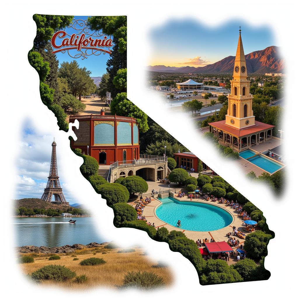 Hình ảnh du lịch ở California, bao gồm các danh lam thắng cảnh, địa điểm vui chơi giải trí, và các hoạt động du lịch phổ biến.