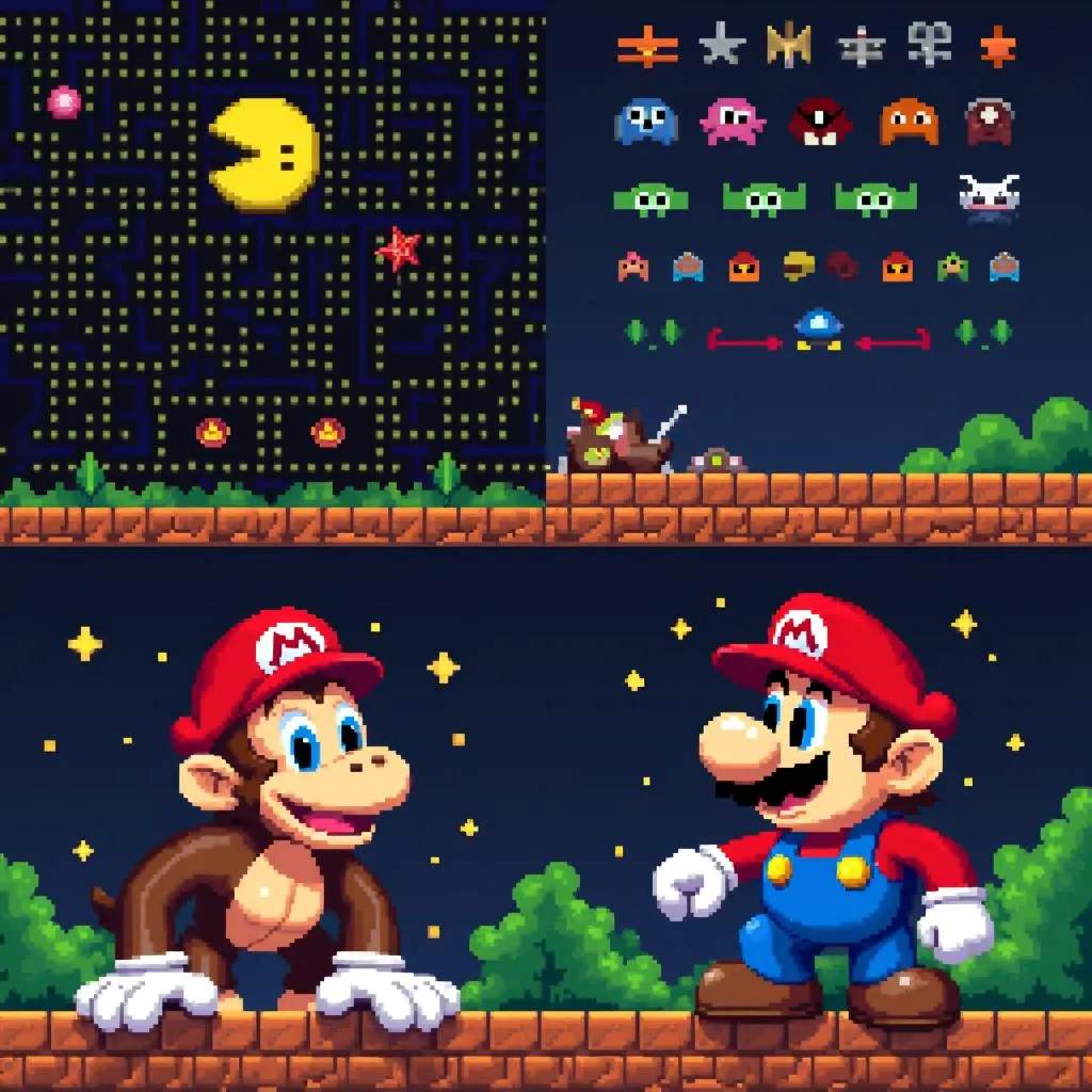 Pac-Man, Space Invaders, Donkey Kong và Super Mario Bros là những tựa game 2 bit kinh điển