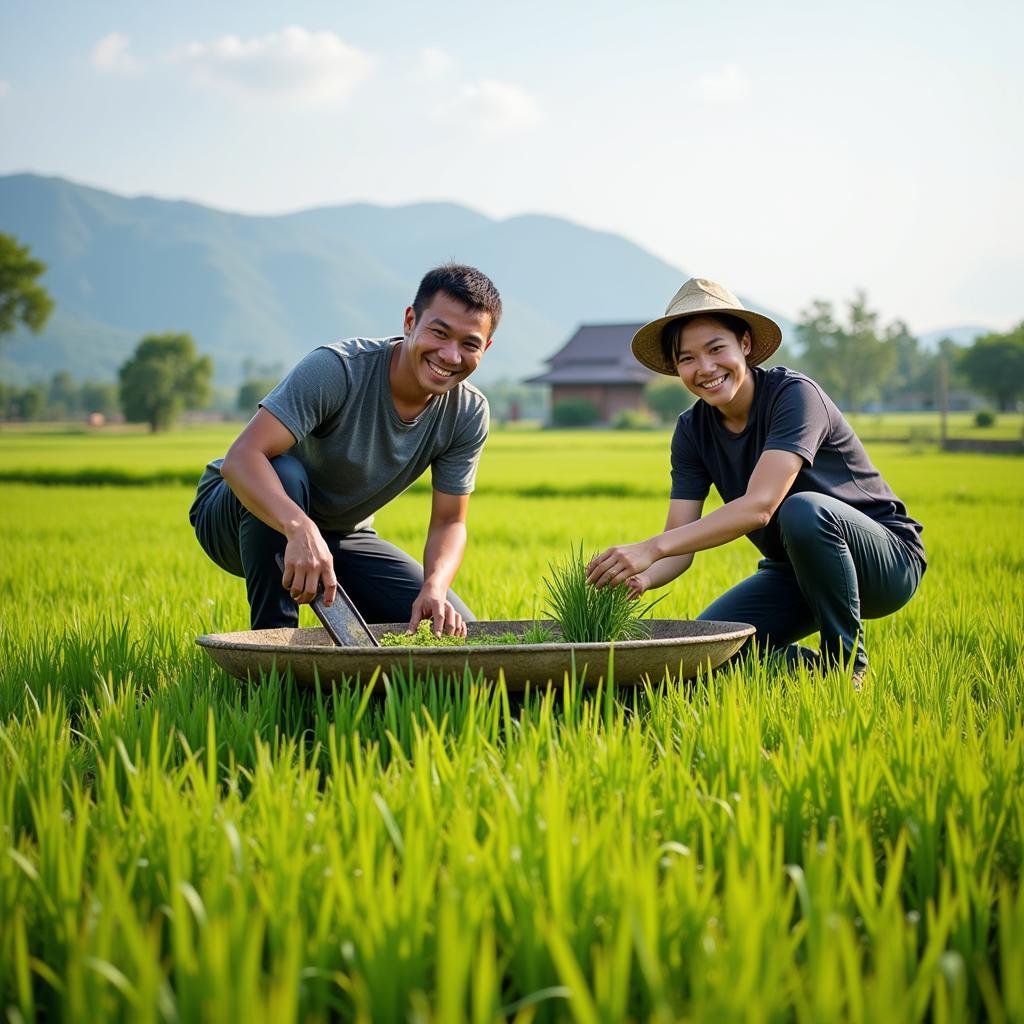 Hình ảnh người nông dân Việt Nam đang làm việc trên đồng ruộng, nụ cười rạng rỡ trên khuôn mặt thể hiện sự lạc quan, yêu đời