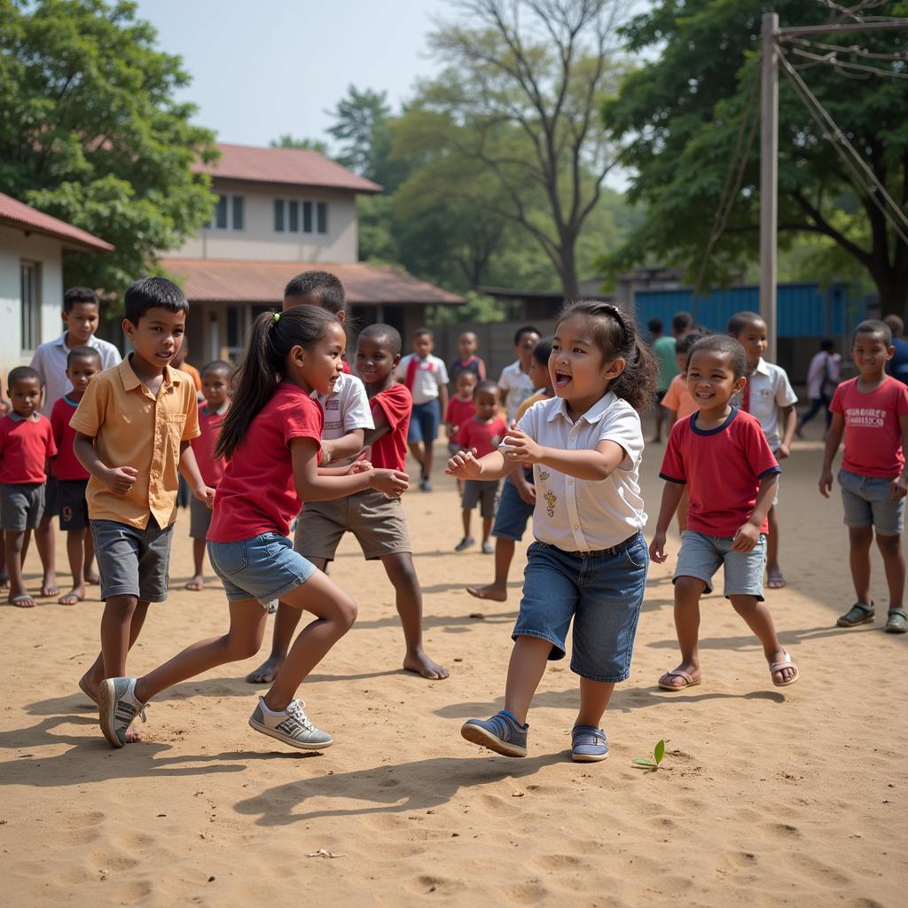 Trẻ em chơi mai bang trong sân trường