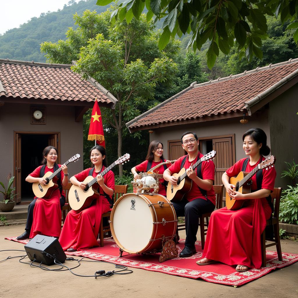 Hình ảnh minh họa cho nhạc cái bống bang được biểu diễn trong một lễ hội truyền thống ở làng quê Việt Nam.