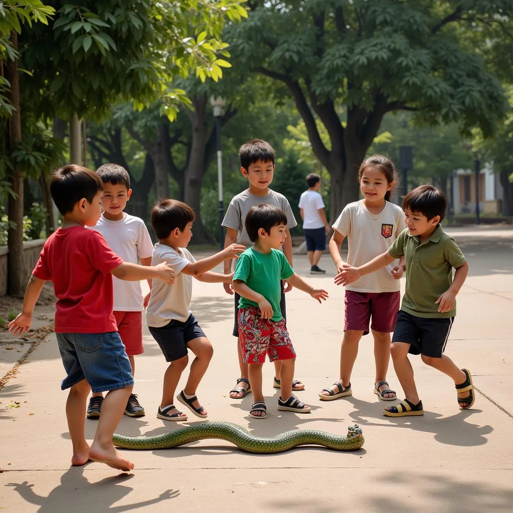 Trẻ em vui chơi các trò chơi dân gian