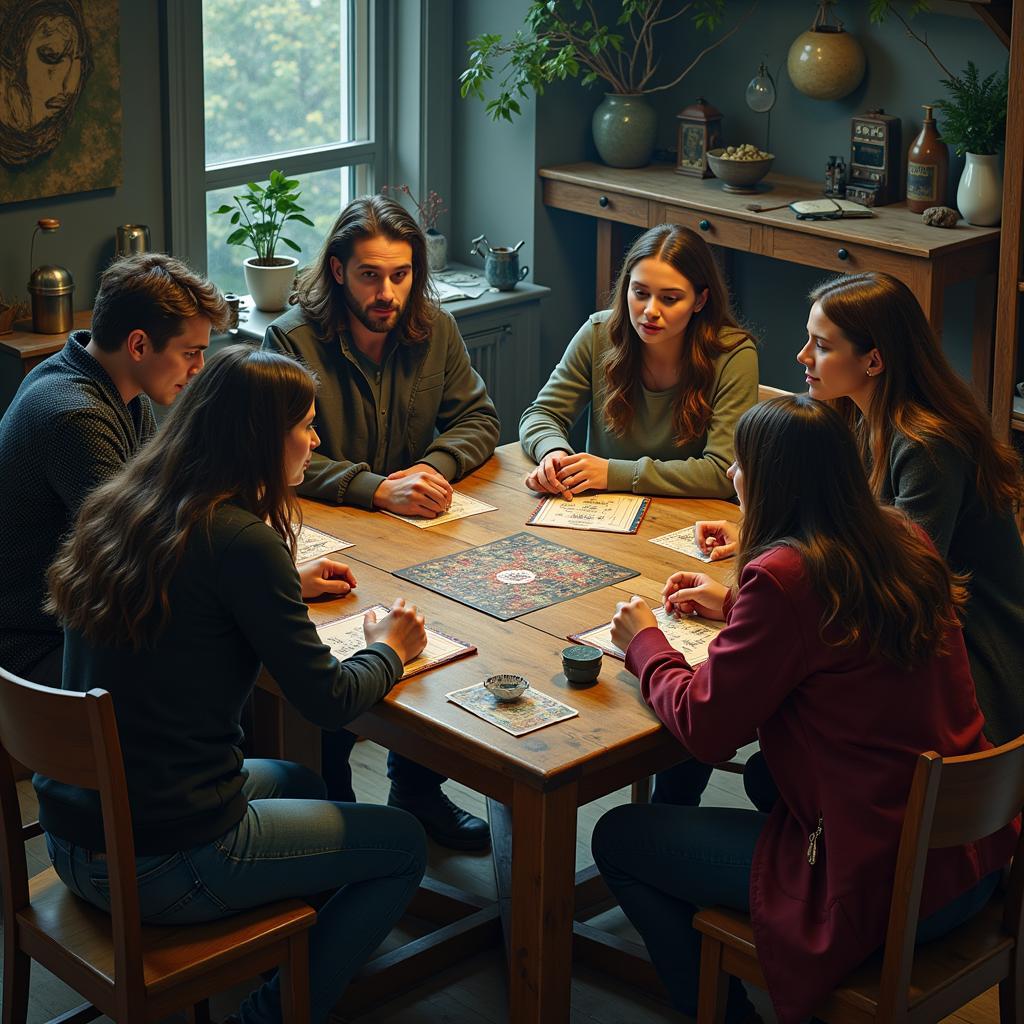 Werewolf Online gameplay -  A group of players gather around a table, each taking on a role, as they strategize and try to find out who the werewolves are