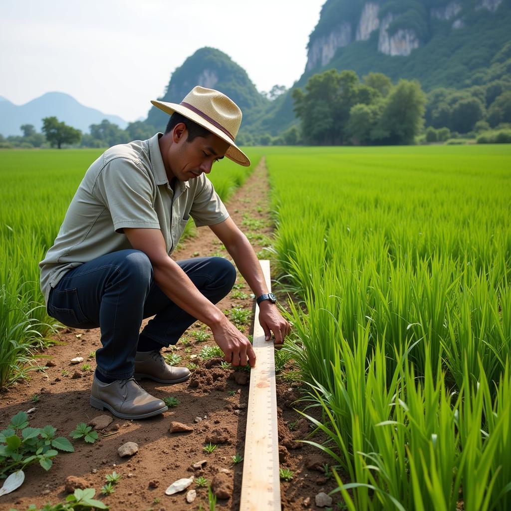 Một người nông dân đang đo chiều dài của một mảnh đất bằng thước zem