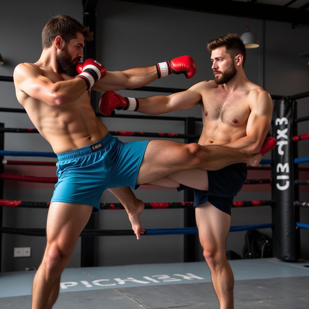 Huấn luyện viên hướng dẫn võ sĩ luyện tập kickboxing