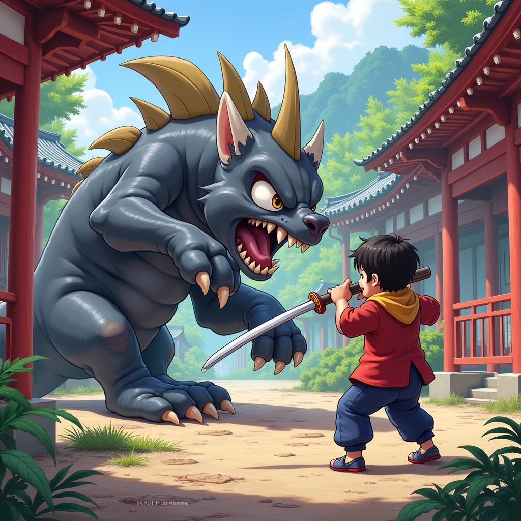 Hình ảnh minh họa gameplay Ninja School: Nhân vật chính đang chiến đấu với quái vật trong game