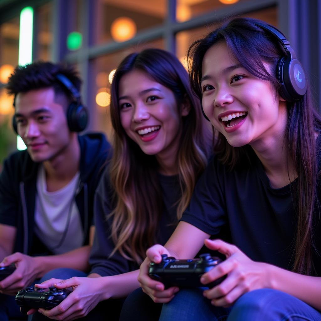 A group of friends are playing video games together in a brightly lit room. They are all smiling and having fun.