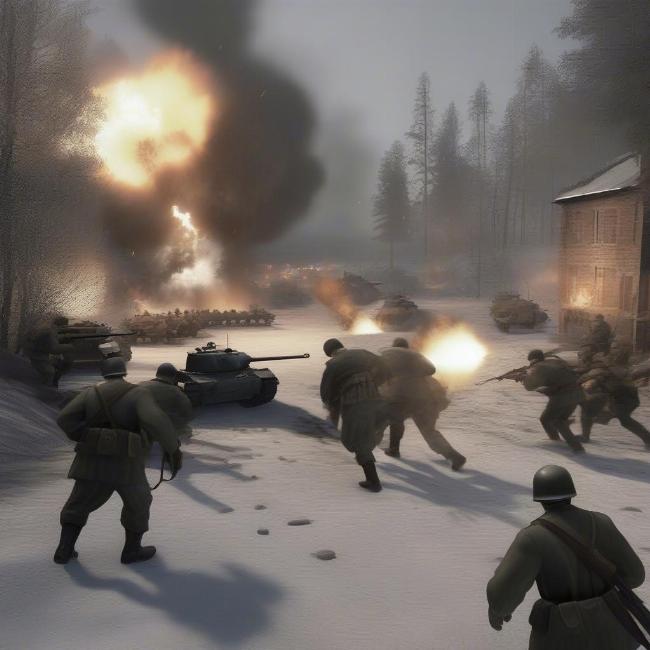 Intense WWII combat scene in Company of Heroes, showcasing dynamic gameplay and realistic graphics.