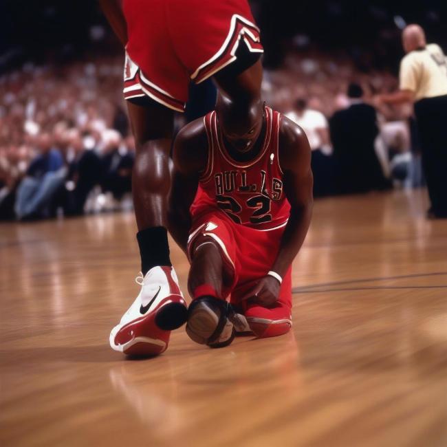 Hình ảnh Michael Jordan mang Jordan 12 Flu Game trên sân